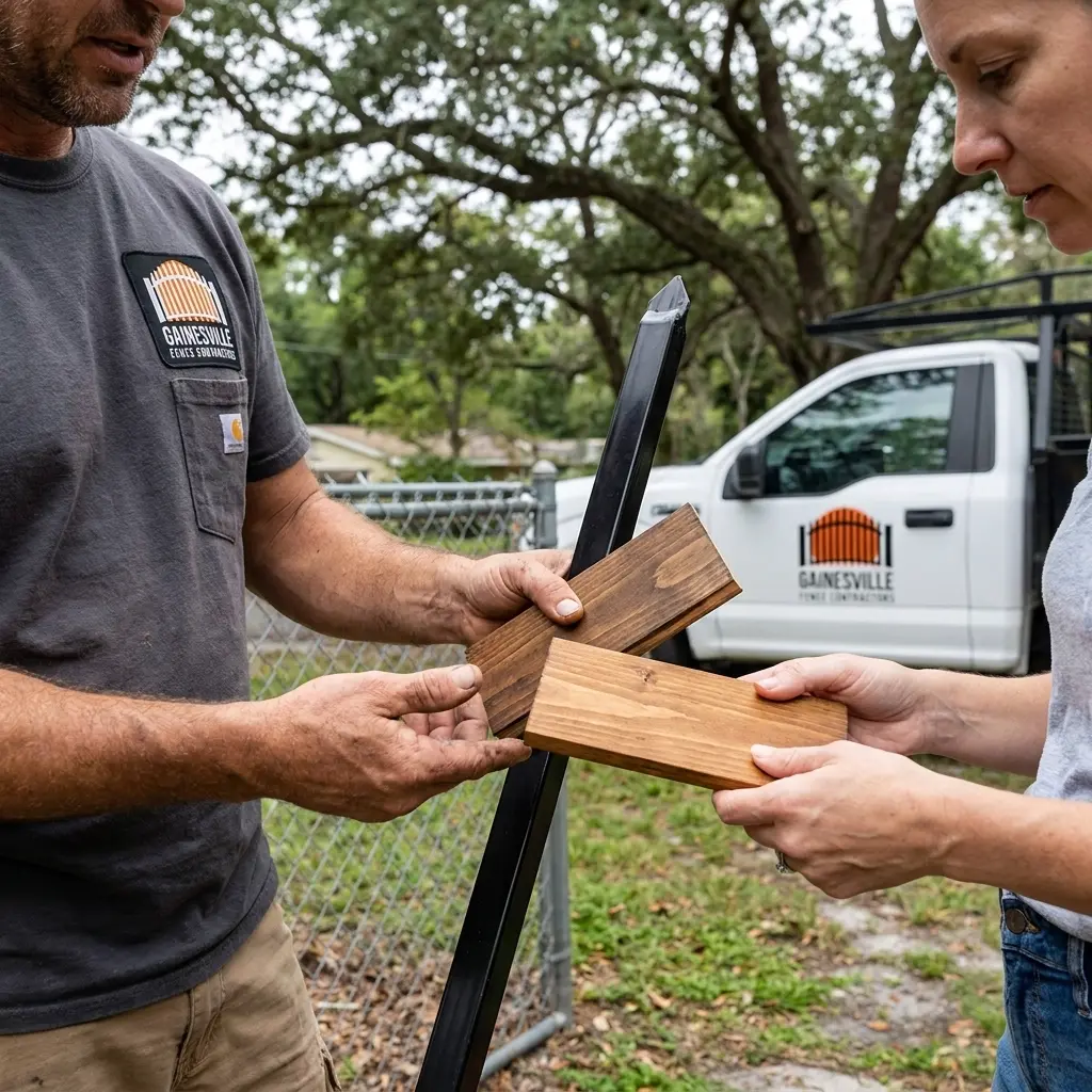 Fence contractor showing material samples to a homeowner in Alachua