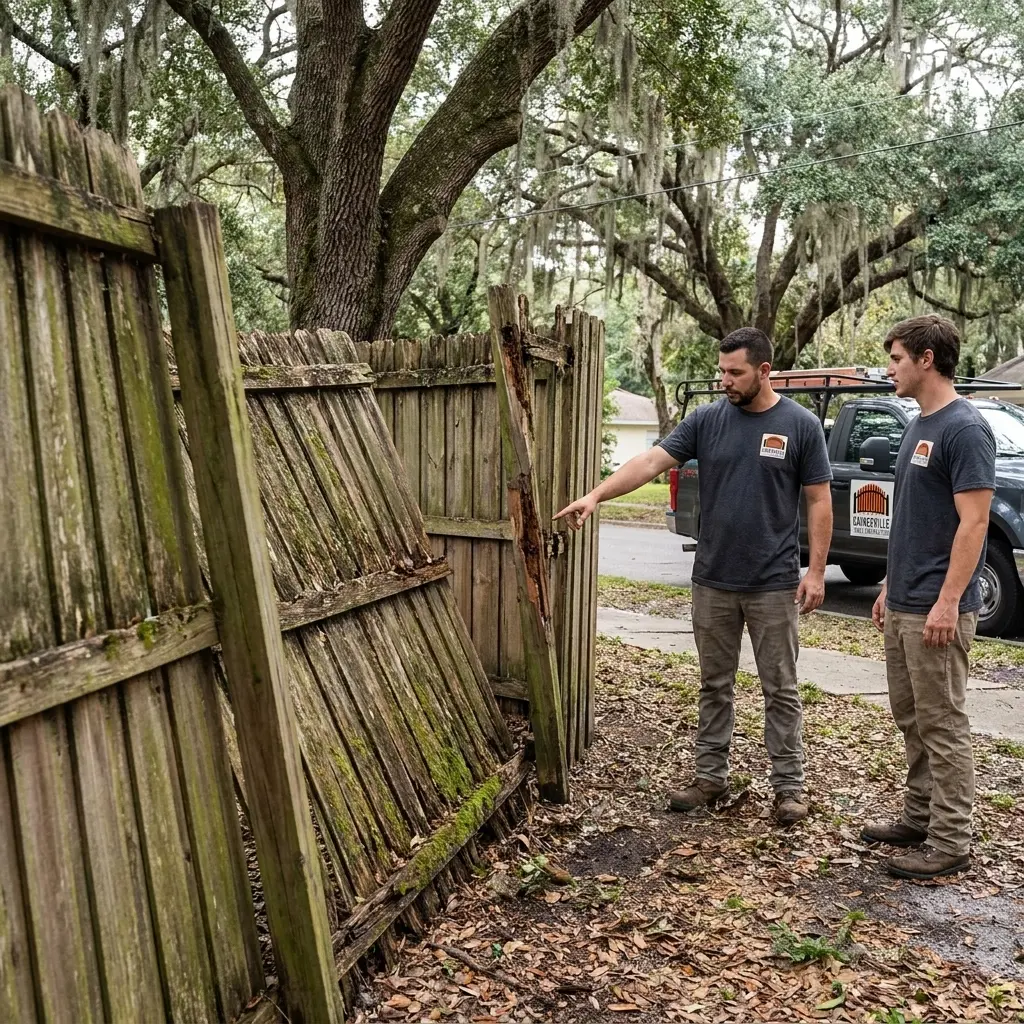 Damaged wood fence before repair in Gainesville