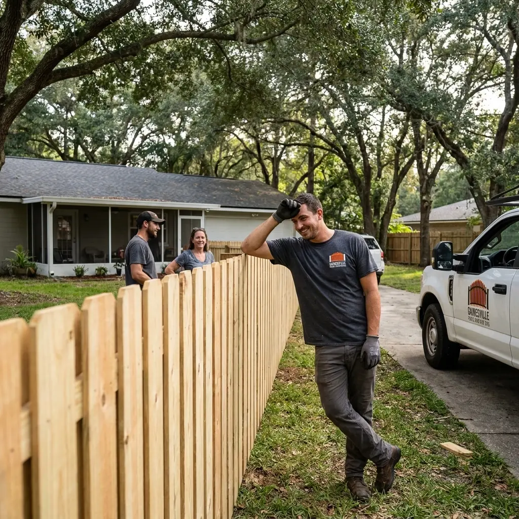 Finished backyard fence between two residential properties in Gainesville